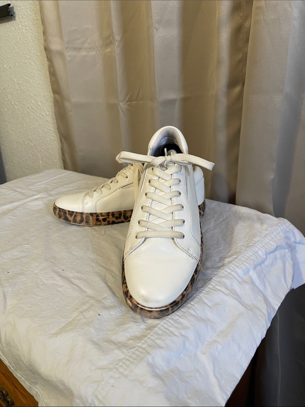 Kenneth Cole White Leather Sneakers with Leopard-Print Sole